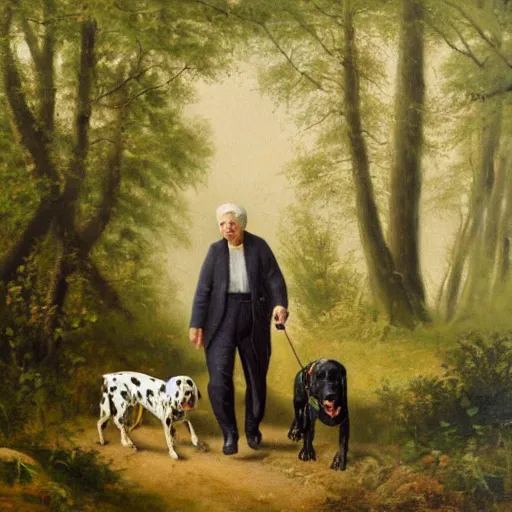 Image similar to granddad and blond curly young grandson walking in french forest with a dalmatian dog with black spots oil painting