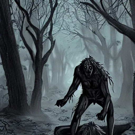 Image similar to a chained man slowly turning into a werewolf at a dusky forest, in the elden ring style