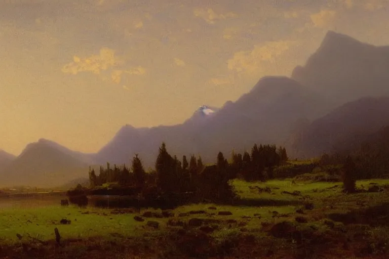 Image similar to a beautiful oil painting of a Scottish Highland landscape, evening light, by Albert Bierstadt