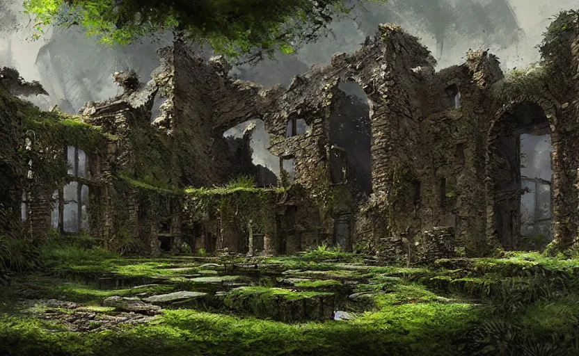 Image similar to ruins of an old castle covered by plant and moss by greg ruthkowski and craig mullins