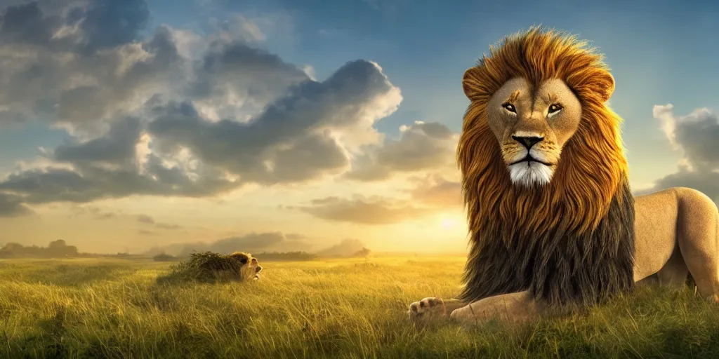 Prompt: aslan the lion, composition, hyper realistic, volumetric. studio, wallpaper, green meadow in the background, sunrise, clear sky