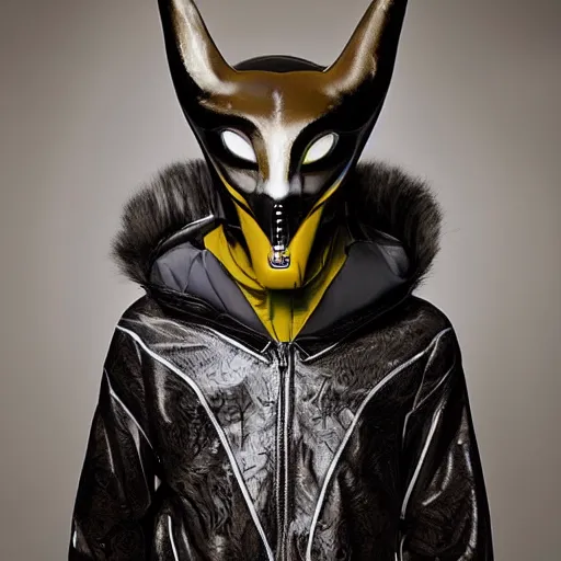 Image similar to an slim athletic beautiful male alien with ombre colored skin wearing a futuristic kitsune mask, photographed by erwin olaf for a fine art gallery