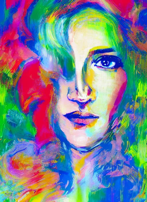 Prompt: an extreme close-up abstract portrait of a lady enshrouded in an impressionist representation of psychedelics and the meaning of life by Igor Scherbakov, abstract, thick visible brush strokes, close-up portrait by Anthony Cudahy and Rae Klein, minimalist vintage cover illustration by Mitchell Hooks