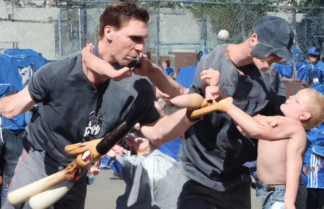 Image similar to jerma hitting a child with an aluminum baseball bat