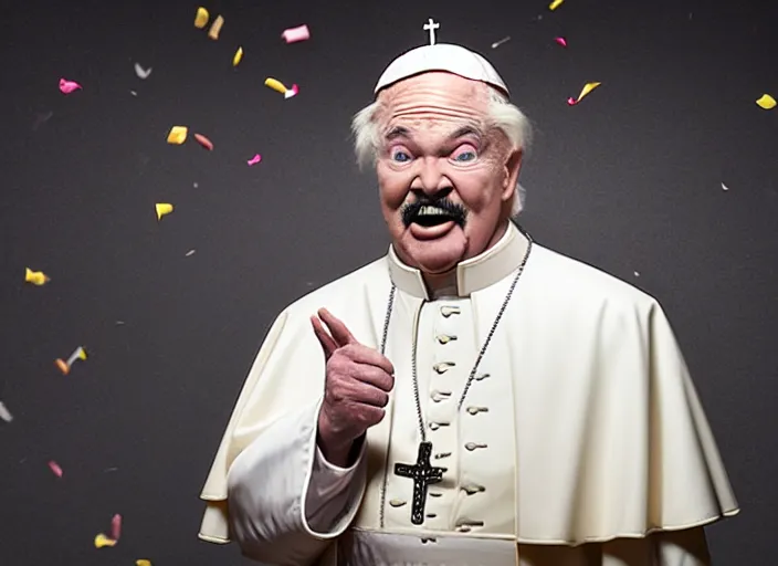 Prompt: photo still of rip taylor as the pope!!!!!!!! at age 5 4 years old 5 4 years of age!!!!!!! throwing confetti from a bucket at church, 8 k, 8 5 mm f 1. 8, studio lighting, rim light, right side key light