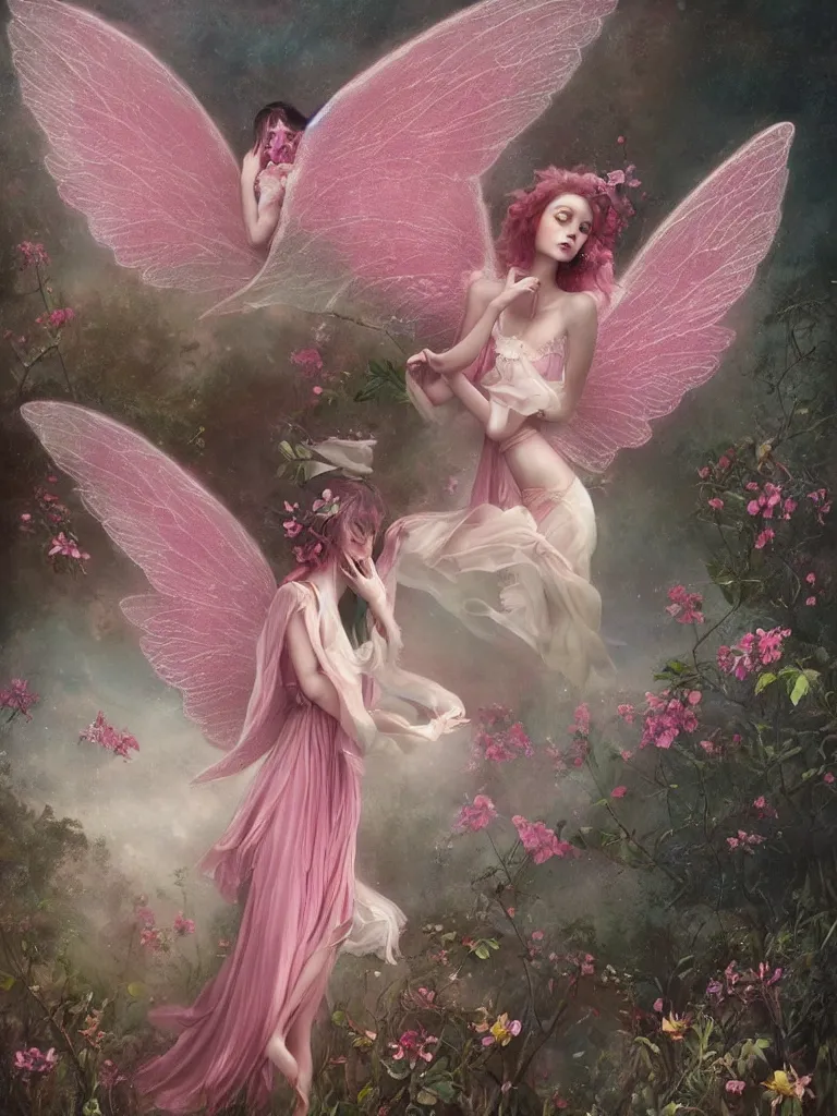 Prompt: one pink fairy with large wings exploring her lonely flower garden by herself in the style of tom bagshaw, extremely detailed, muted colors