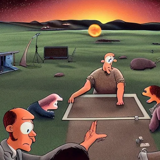 Image similar to hyperrealistic dslr film still of scene from farside comics of interstellar, inspired by gary larson, stunning 8 k octane comprehensive 2 d render, perfect symmetry, dim volumetric cinematic lighting, extremely hyper - detailed, extremely lifelike attributes & lifelike texture, intricate, masterpiece, artstation, stunning