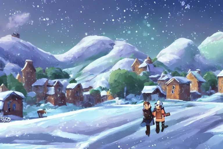 Image similar to snowy Landscape and a village in the background in the style of Pokemon Sword and shild