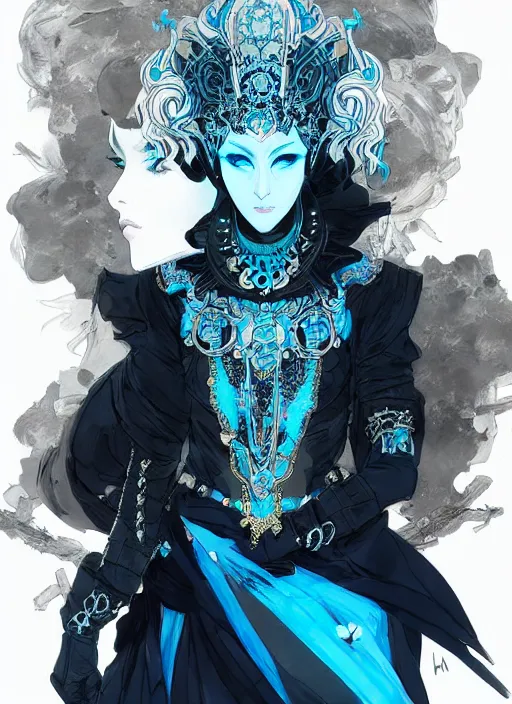 Prompt: beautiful queen in an elaborate full - face mask and ornate pale blue dress, gray hair. in style of yoji shinkawa and hyung - tae kim, trending on artstation, dark fantasy, great composition, concept art, highly detailed, dynamic pose, vibrant colours.