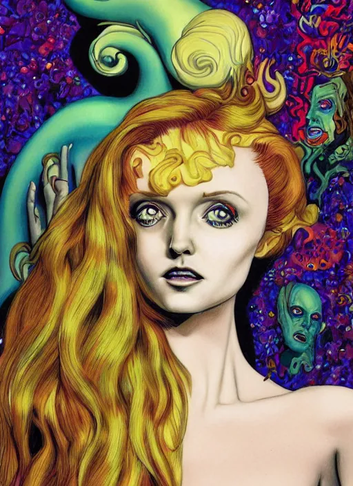 Image similar to surrealism psychedelic cartoon portrait sketch of lily cole as delirium of the endless from the sandman, by alex ross, brian bolland, detailed, elegant, intricate