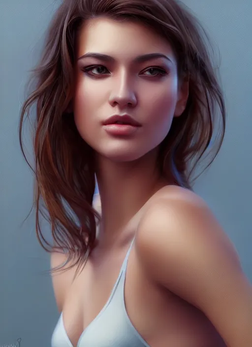 Image similar to photo of a gorgeous young woman in the style of stefan kostic, realistic, half body shot, sharp focus, 8 k high definition, insanely detailed, intricate, elegant, art by stanley lau and artgerm