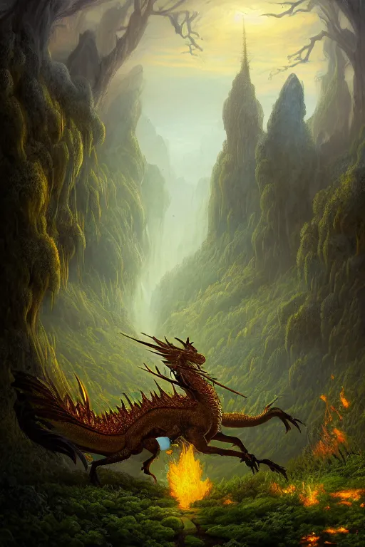 Image similar to a beautiful digital illustration painting of a detailed gothic fantasy valley and forest dragon fire fey unseelie, by benoit b. mandelbrot, steven belledin, martin johnson heade, lee madgwick, caspar david friedrich, and david rios ferreira. 8 k resolution trending on artstation concept art digital illustration