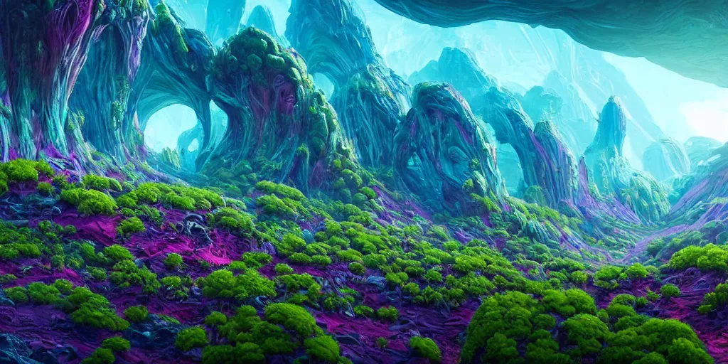 Image similar to a beautiful alien landscape with deadly alien plants, colorful, wide angle, super highly detailed, professional digital painting, artstation, concept art, smooth, sharp focus, no blur, no dof, extreme illustration, Unreal Engine 5, Photorealism, HD quality, 8k resolution, cinema 4d, 3D, beautiful, cinematic, art by artgerm and greg rutkowski and alphonse mucha and loish and WLOP