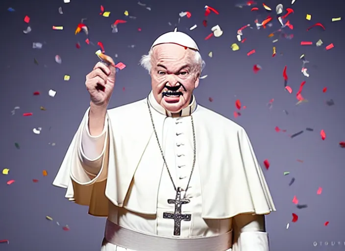 Image similar to photo still of rip taylor as the pope!!!!!!!! at age 5 4 years old 5 4 years of age!!!!!!! throwing confetti from a bucket at church, 8 k, 8 5 mm f 1. 8, studio lighting, rim light, right side key light