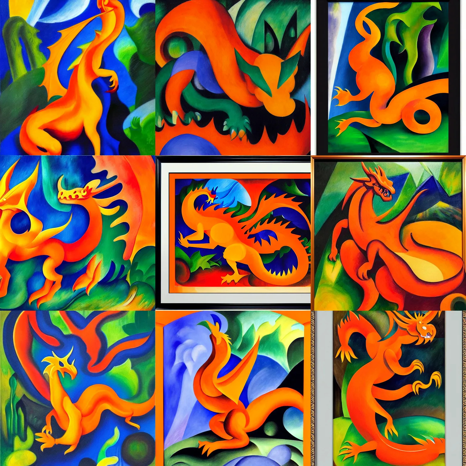 Prompt: a full body oil painting of an orange dragon in the waterfall gardens by ( ( franz marc ) ), shattered, orphism style, cubism, shadow gradient, high contrast, high detail, masterpiece art, framed