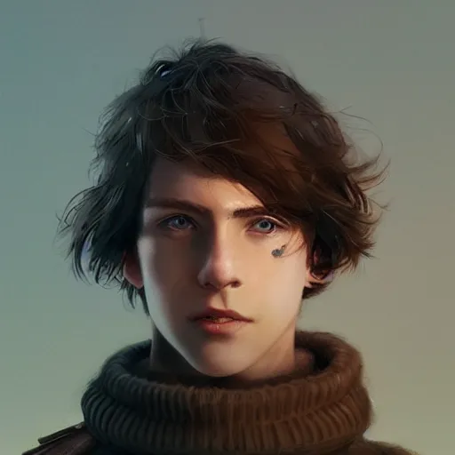 Image similar to portrait of a very masculine teenage girl with blue eyes and brown hair, short men's haircut, smiling, wearing an oversized sweater, dramatic lighting, illustration by Greg rutkowski, yoji shinkawa, 4k, digital art, concept art, trending on artstation