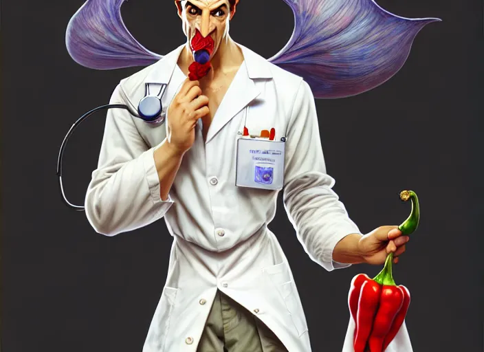 Image similar to anthropomorphic pepper wearing a white doctor's uniform, diffuse lighting, fantasy, hospital background, intricate, elegant, highly detailed, lifelike, photorealistic, digital painting, artstation, illustration, concept art, smooth, sharp focus, art by frank frazetta and marco bucci and loish and rossdraws and artgerm and alphonse mucha