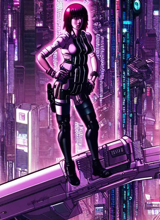 Image similar to motoko kusanagi in grungy cyberpunk megacity, intricate and finely detailed, cyberpunk vaporwave, portrait by j scott campbell, phil jimenez, ilya kuvshinov