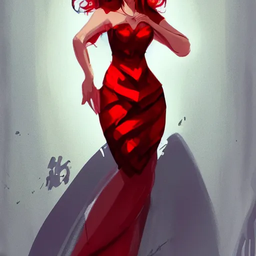 Image similar to a beautiful artwork of a woman with red dress and red hair by riot games, featured on artstation