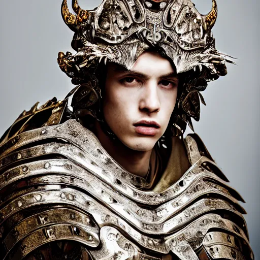 Prompt: a portrait of a beautiful young male wearing an alexander mcqueen armor made of wood , photographed by andrew thomas huang, artistic