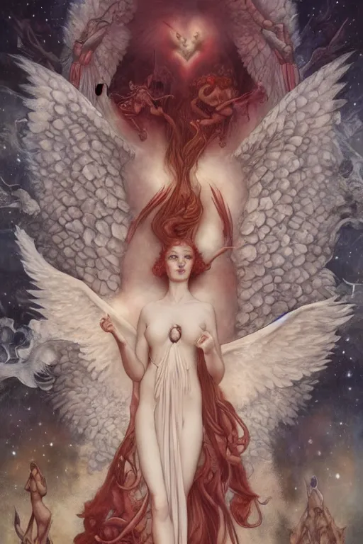 Prompt: a multitude of angels converge around a divine redheaded goddess, by austin osman spare, wayne barlowe, tom bagshaw