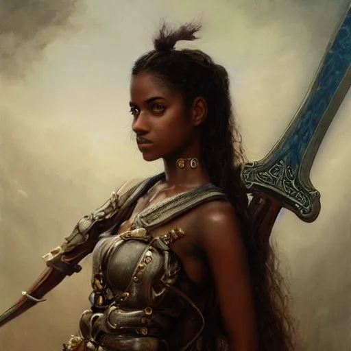 Image similar to artstation concept of a beautiful girl holding a sword in both hands, brown skin, sweaty skin, symmetrical face, casual white garment, brown canyon background, shiny colorful, hyperdetailed, artstation trending, world renowned artists, worth1000.com, historic artworks society, antique renewel, cgsociety, by greg rutkowski, by Gustave Dore, Deviantart