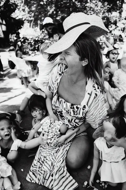 Prompt: “an exhausted beautiful mother wearing a sun hat and sundress, surrounded by exciting screaming children at a birthday party, 10 mm photo, Leica, F4”