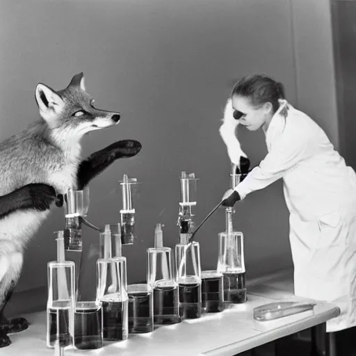 Image similar to fox animals conducting experiments in a chemistry lab, award winning photograph