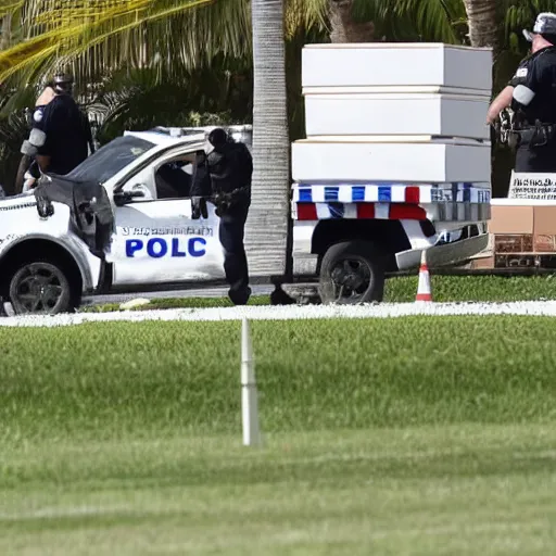 Image similar to mar-a-lago, FBI agents carrying boxes of evidence, police tape, high detail