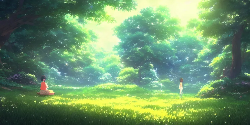 Prompt: beautiful anime painting of a magical forest, daytime, by makoto shinkai, kimi no na wa, studio ghibli, artstation, atmospheric.