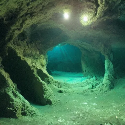 Image similar to photo of dangerous dark depths of an ancient underwater cave liminal