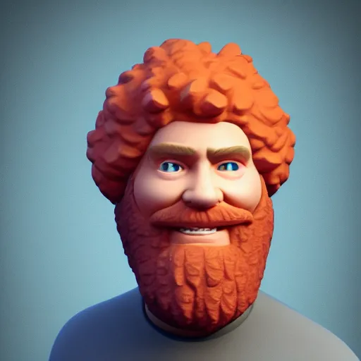 Prompt: a man with an orange hair and beard wearing a sweater, a character portrait by Bob Ross, featured on zbrush central, shock art, bob ross, bryce 3d, zbrush