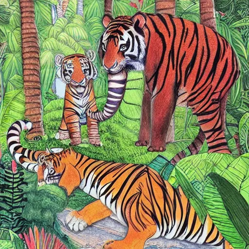 Prompt: detailed illustration, a tiger and elephant in the style of may gibbs, layered composition, layers, texture, textured, layered, sculpted, dynamic, jungle, tropical, 🌱, 🦋,