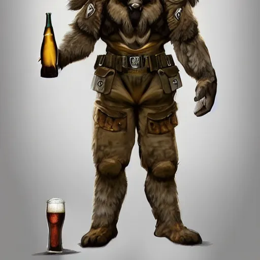 Image similar to a humanoid german shepherd beast - man in military style, holding a bottle of beer, artstation, concept art, smooth, sharp foccus ilustration, artstation