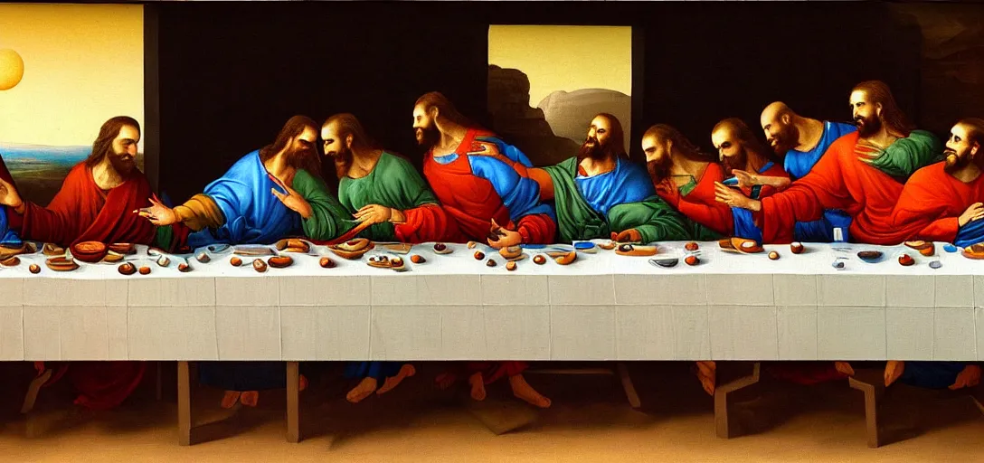 Image similar to a surreal painting of the last supper on the surface of mars