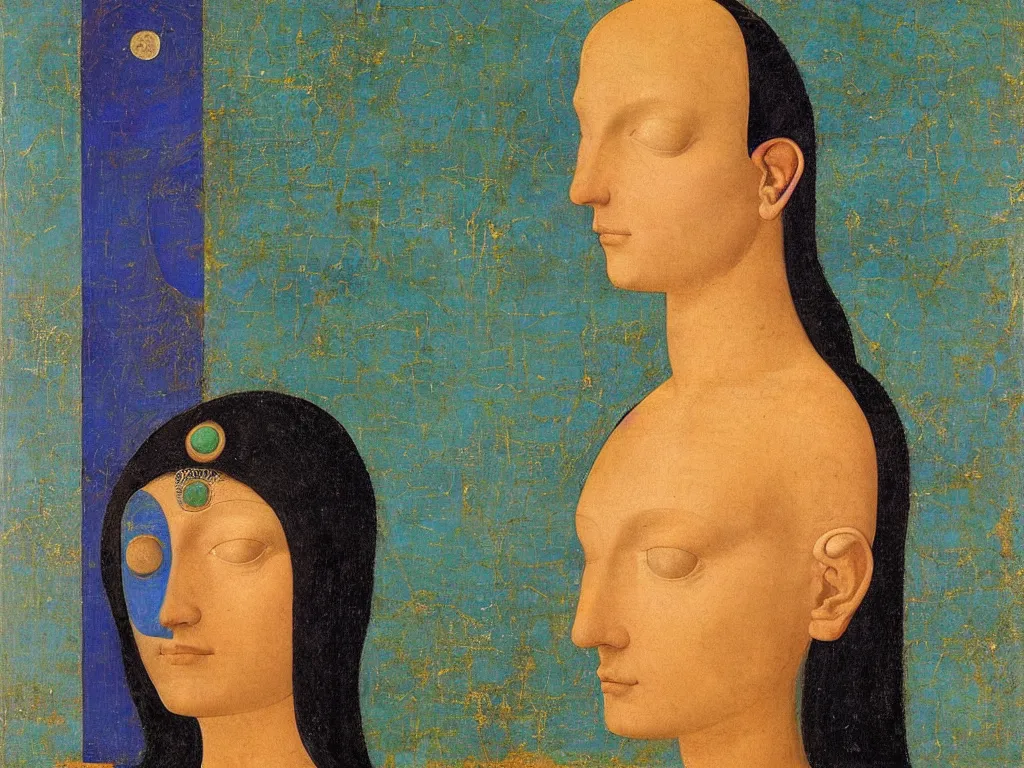 Image similar to portrait of a head in meditation with the third eye. lapis lazuli, malachite, turquoise, gold. painting by piero della francesca, balthus, agnes pelton