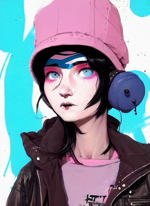 Image similar to highly detailed portrait of a street punk lady student, blue eyes, bubble jacket, hat, white hair by atey ghailan, by greg rutkowski, by greg tocchini, by james gilleard, by joe fenton, by kaethe butcher, gradient pink, black, brown and light blue color scheme, grunge aesthetic!!! ( ( graffiti tag wall background ) )