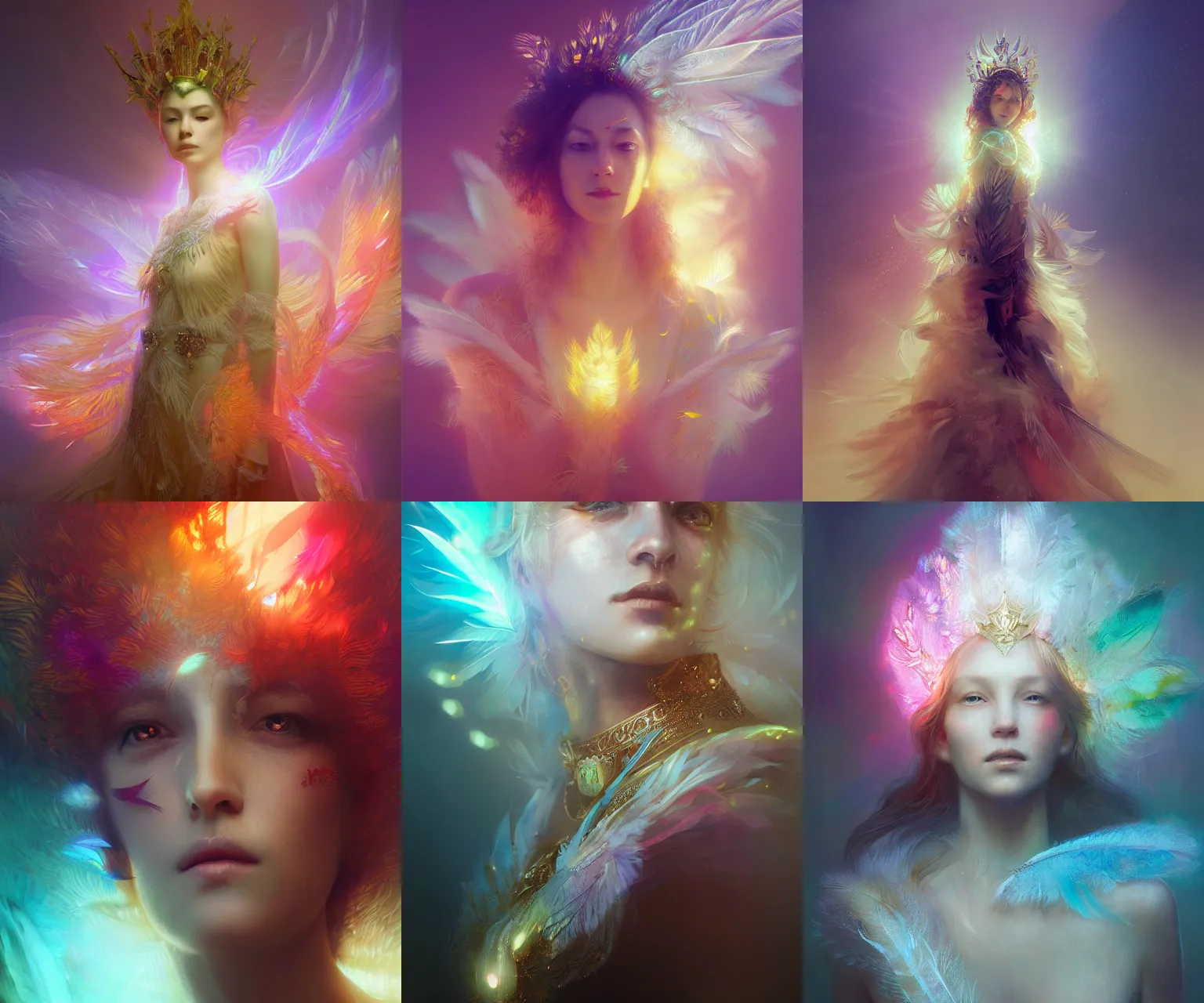 Prompt: portrait of queen of light, backlit, feathers, fractals, jewelry, emissive, volumetric lights, soft focus, first light, by ruan jia and wlop and karol bak