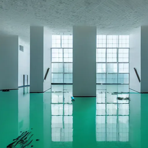 Prompt: the interior of an expansive building with surreal minimalist architecture, partially flooded with blue - green water, made of all white ceramic tiles, liminal space, - n 9