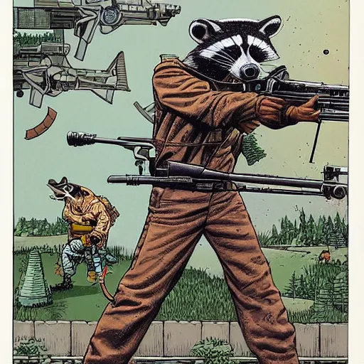 Prompt: a racoon shooting a machine gun by geof darrow, detailed, realistic shading