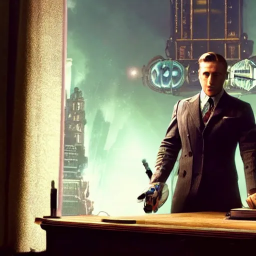 Image similar to a highly detailed cinematic photo from a live - action bioshock movie. andrew ryan, portrayed by ryan gosling, is shown standing in a 1 9 3 0's office with a large desk in front of a floor - to - ceiling window looking out onto the underwater city of rapture shining in the distance, several fish are shown outside of the window