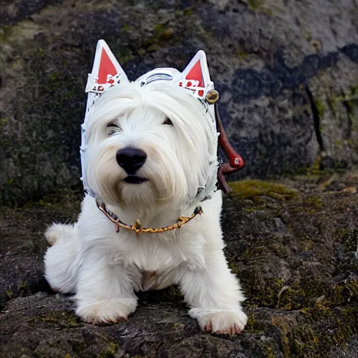 Prompt: west highland terrier dressed in iron armour with a gun attached to his head. gun on the head of westy.