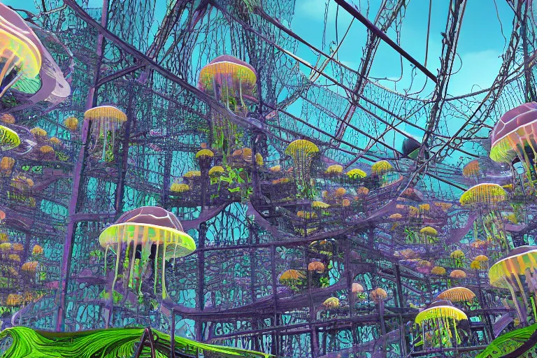 Prompt: favela thick jellyfish cathedral coaster hive, mission arts environment, industrial factory, terrifying, award winning art, epic dreamlike fantasy landscape, ultra realistic,