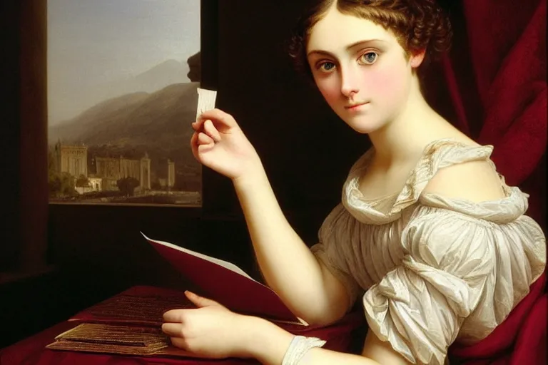 Image similar to 1 8 1 0 s annasophia robb writing a letter by vittorio reggianini, bright lighting, perfectly detailed eyes, beautiful hands, pale skin, clear face