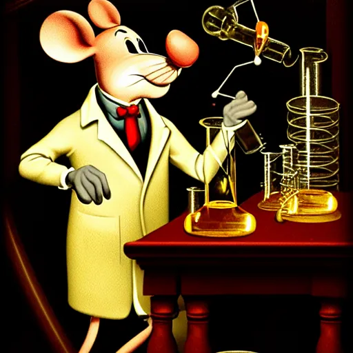 Prompt: a gentleman anthropomorphic mouse performing a chemistry experiment with beakers in a dark, cluttered lab space, realistic, chiaroscuro, renaissance art, realistic, intricate textures