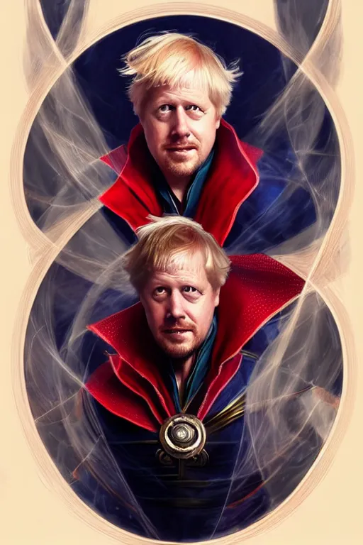 Image similar to Boris Johnson as Doctor Strange, realistic portrait, symmetrical, highly detailed, digital painting, artstation, concept art, smooth, sharp focus, illustration, cinematic lighting, art by artgerm and greg rutkowski and alphonse mucha