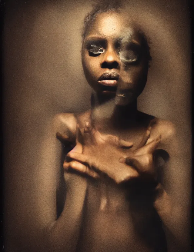 Image similar to conceptual polaroid photo with flash, portrait of a dark skin woman model in top with smokey eyes, polaroid photo bleached strong lights, kodak film stock, hyper real, stunning moody cinematography, with anamorphic lenses, by maripol, detailed