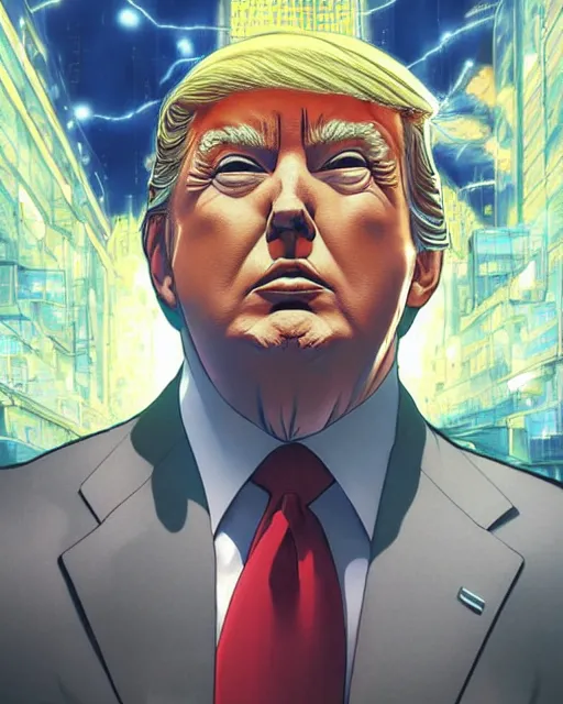 Image similar to portrait of trump, cybernetic enhancements, art by makoto shinkai and alan bean, yukito kishiro