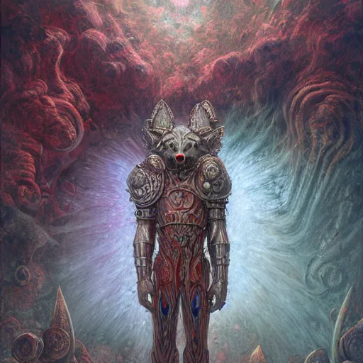 Image similar to anthropomorphic wolf, bismuth rainbow metal armor, standing, cementary, fantasy 3 d render, masterpiece, red aura, by donato giancola and greg rutkowski and wayne barlow and zdzisław beksinski, realistic face