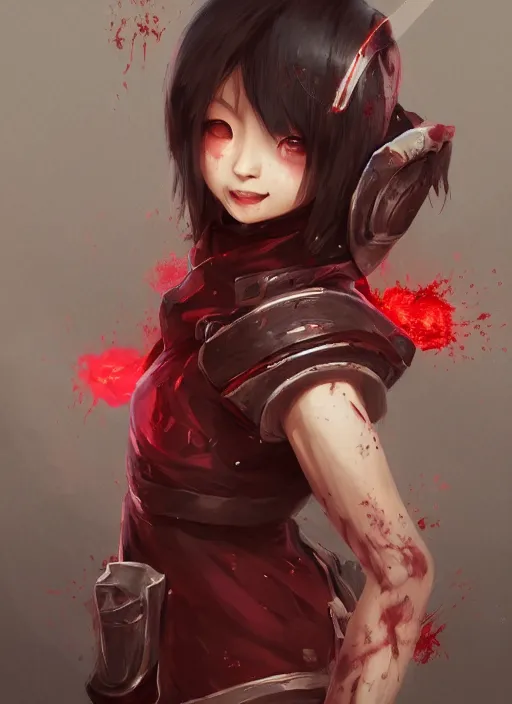 Image similar to a highly detailed illustration of short hair cute japanese girl wearing blood stained hoodie and bandages on arms, dramatic sadistic smile pose, intricate, elegant, highly detailed, centered, digital painting, artstation, concept art, smooth, sharp focus, league of legends concept art, WLOP